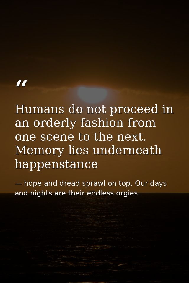 Humans do not proceed in an orderly fashion from one scene to the next. Memory lies underneath happenstance — hope and dread sprawl on top. Our days and nights are their endless orgies.