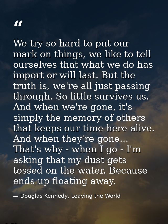 We try so hard to put our mark on things, we like to tell ourselves that what we do has import or will last. But the tru — Douglas Kennedy, Leaving the World