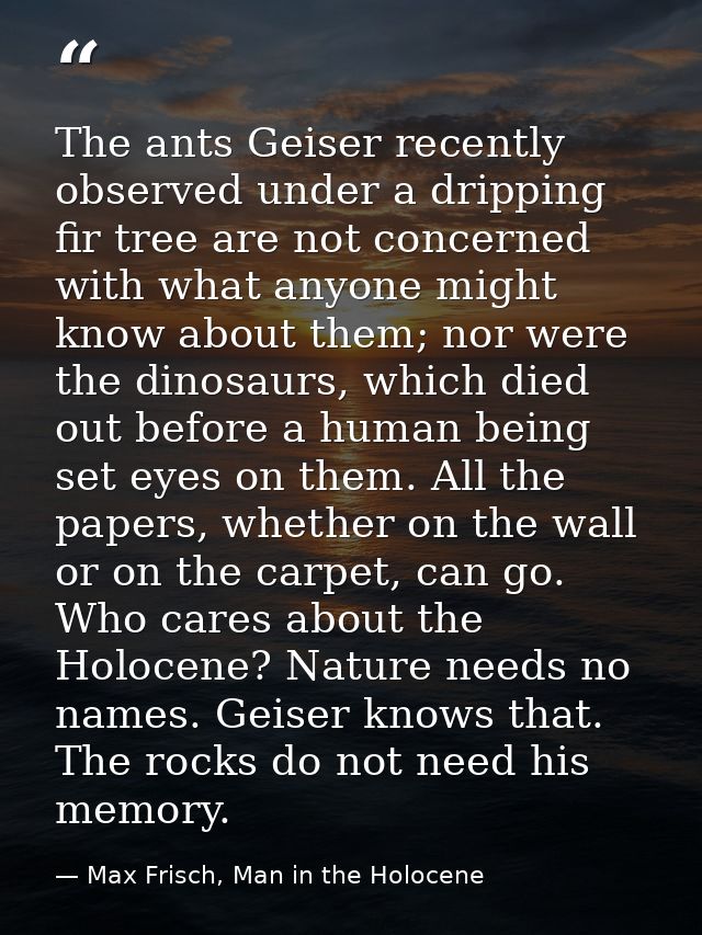 The ants Geiser recently observed under a dripping fir tree are not concerned with what anyone might know about them; no — Max Frisch, Man in the Holocene