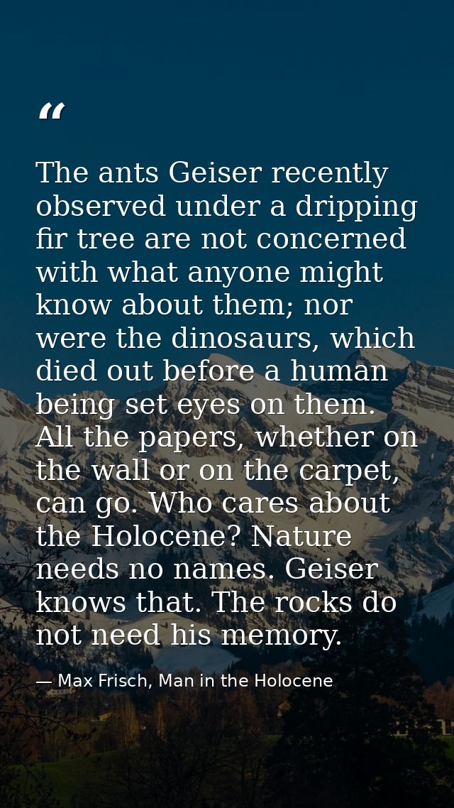 The ants Geiser recently observed under a dripping fir tree are not concerned with what anyone might know about them; no — Max Frisch, Man in the Holocene