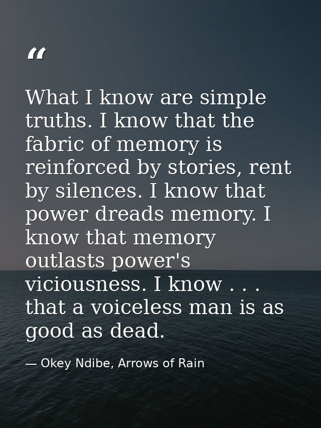 What I know are simple truths. I know that the fabric of memory is reinforced by stories, rent by silences. I know that  — Okey Ndibe, Arrows of Rain