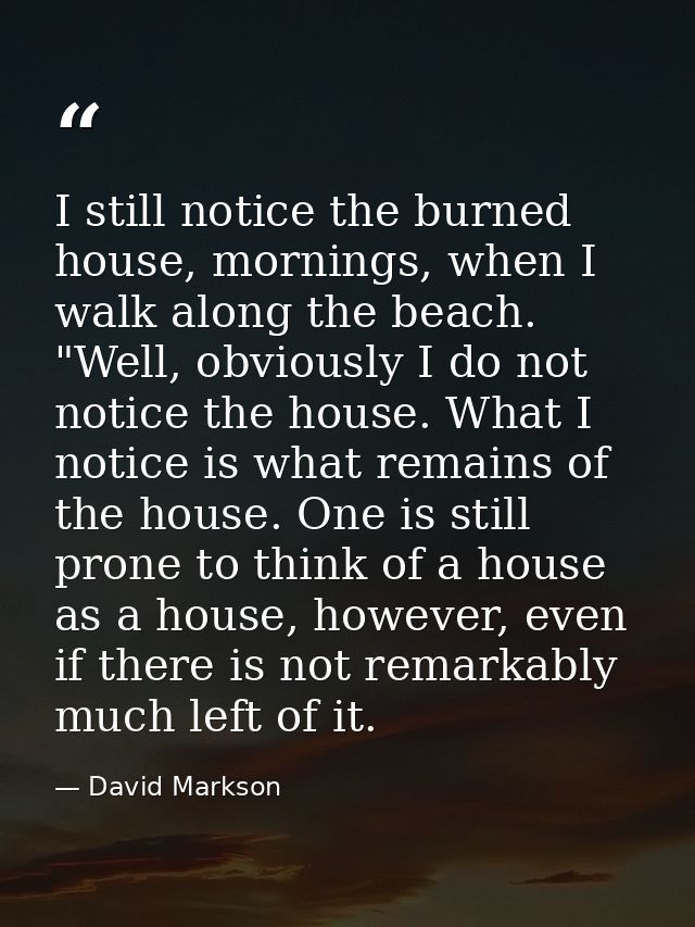 I still notice the burned house, mornings, when I walk along the beach. "Well, obviously I do not notice the house. What — David Markson