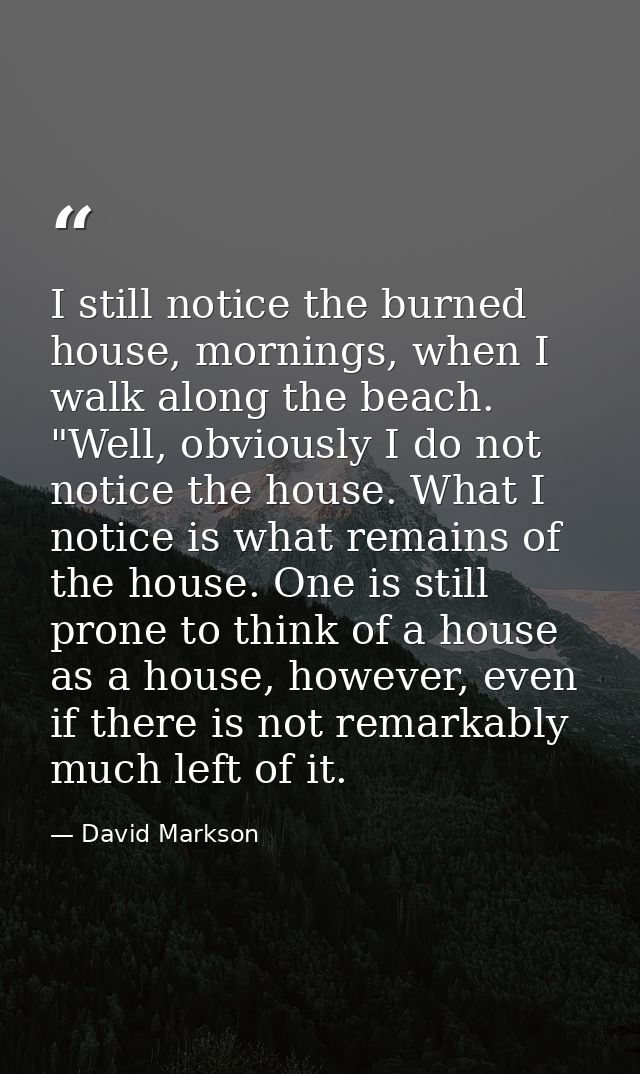 I still notice the burned house, mornings, when I walk along the beach. "Well, obviously I do not notice the house. What — David Markson