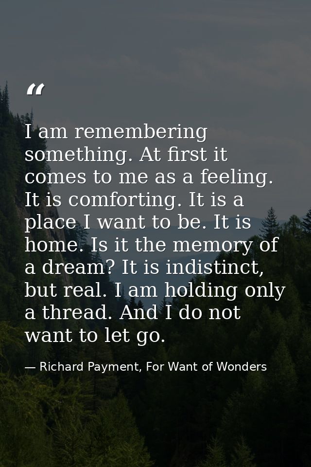 I am remembering something. At first it comes to me as a feeling. It is comforting. It is a place I want to be. It is ho — Richard Payment, For Want of Wonders