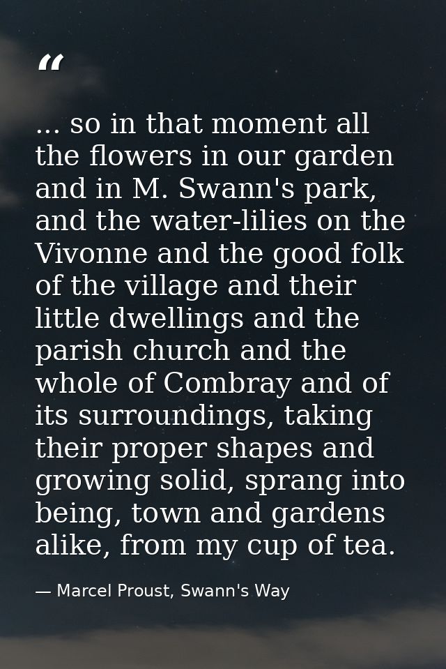 ... so in that moment all the flowers in our garden and in M. Swann's park, and the water-lilies on the Vivonne and the  — Marcel Proust, Swann's Way