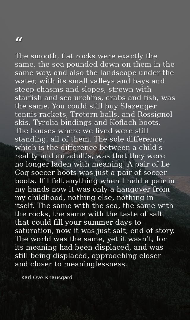 The smooth, flat rocks were exactly the same, the sea pounded down on them in the same way, and also the landscape under — Karl Ove Knausgård