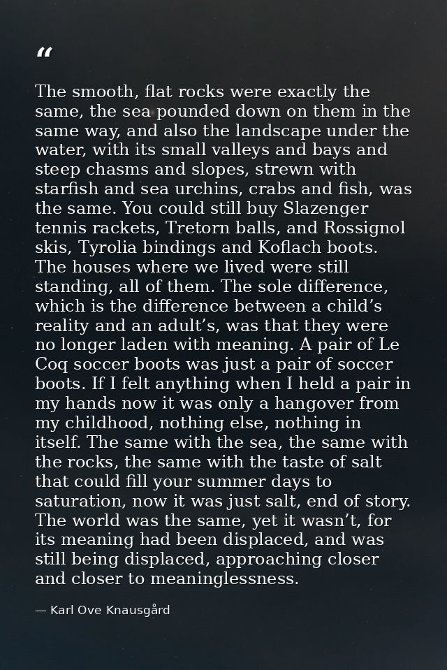 The smooth, flat rocks were exactly the same, the sea pounded down on them in the same way, and also the landscape under — Karl Ove Knausgård
