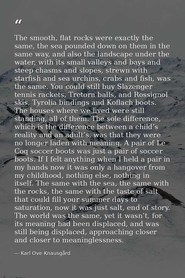 The smooth, flat rocks were exactly the same, the sea pounded down on them in the same way, and also the landscape under — Karl Ove Knausgård