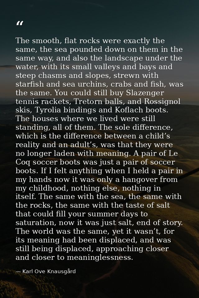 The smooth, flat rocks were exactly the same, the sea pounded down on them in the same way, and also the landscape under — Karl Ove Knausgård