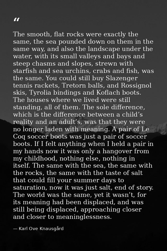 The smooth, flat rocks were exactly the same, the sea pounded down on them in the same way, and also the landscape under — Karl Ove Knausgård