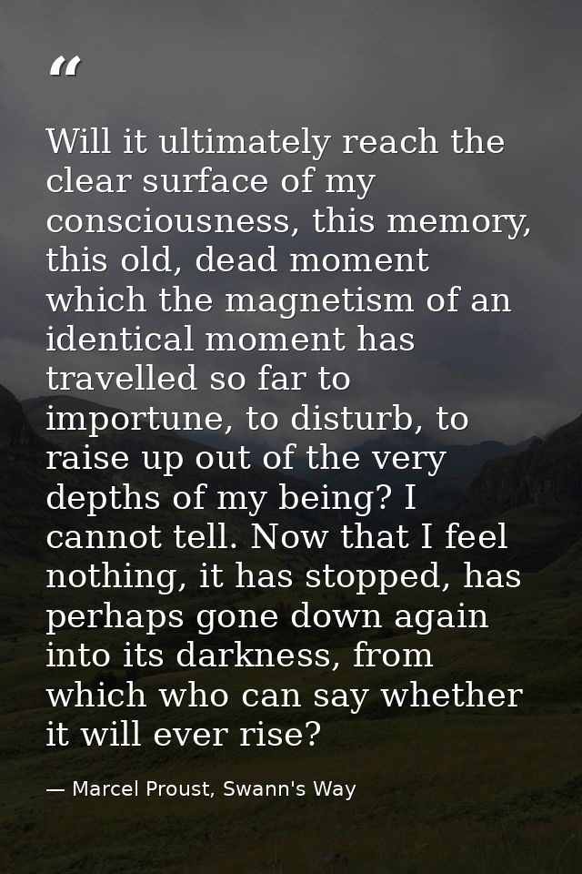 Will it ultimately reach the clear surface of my consciousness, this memory, this old, dead moment which the magnetism o — Marcel Proust, Swann's Way