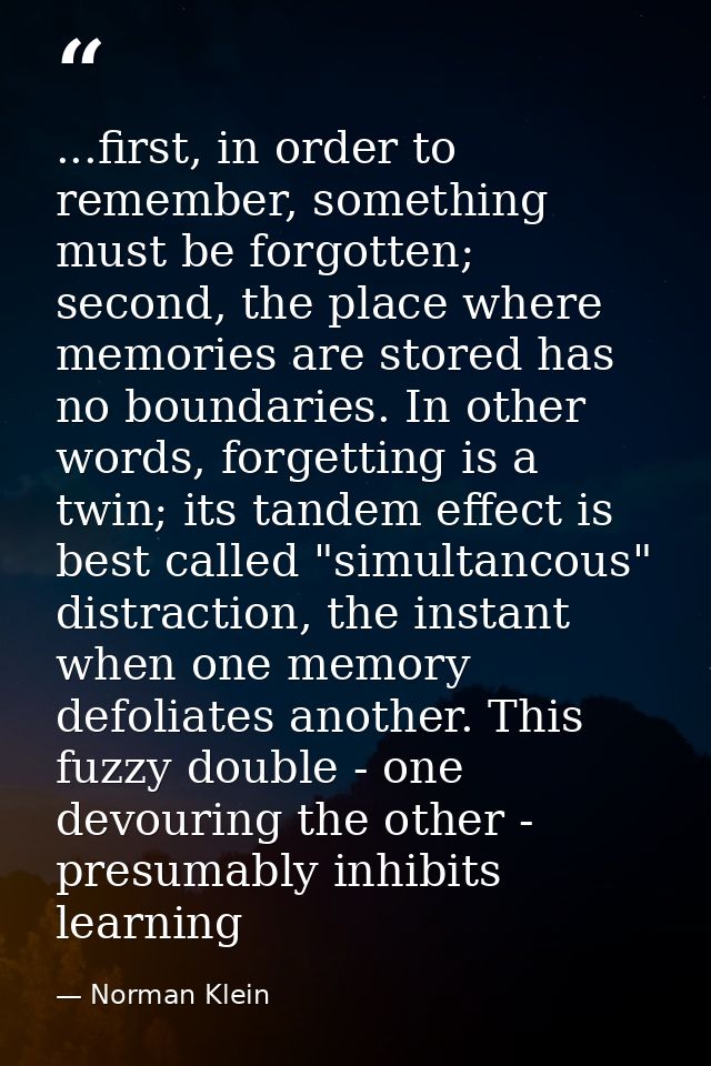 ...first, in order to remember, something must be forgotten; second, the place where memories are stored has no boundari — Norman Klein