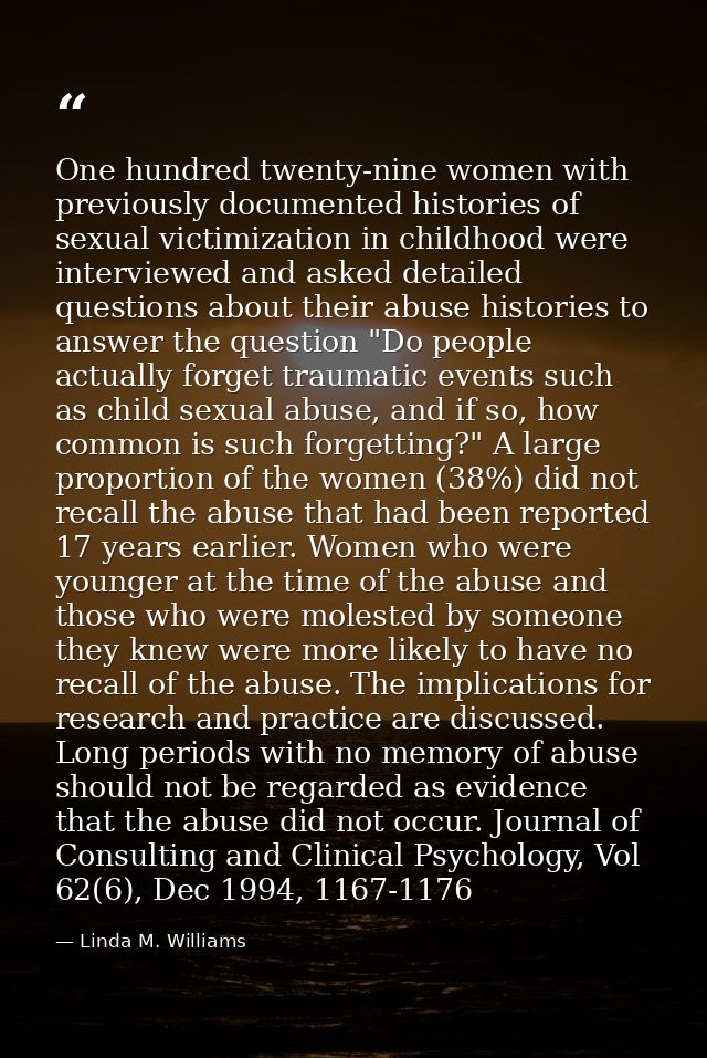 One hundred twenty-nine women with previously documented histories of sexual victimization in childhood were interviewed — Linda M. Williams