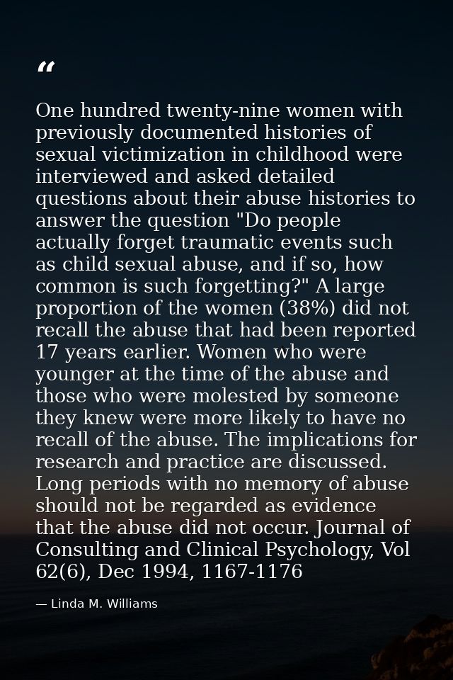 One hundred twenty-nine women with previously documented histories of sexual victimization in childhood were interviewed — Linda M. Williams