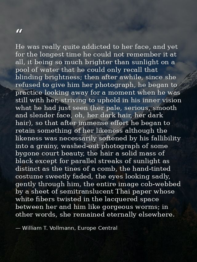 He was really quite addicted to her face, and yet for the longest time he could not remember it at all, it being so much — William T. Vollmann, Europe Central