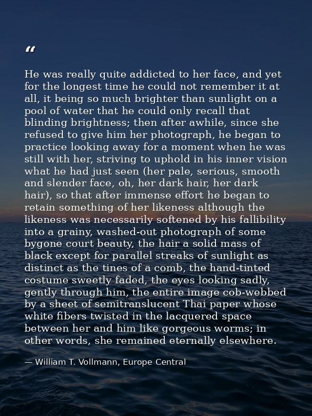 He was really quite addicted to her face, and yet for the longest time he could not remember it at all, it being so much — William T. Vollmann, Europe Central
