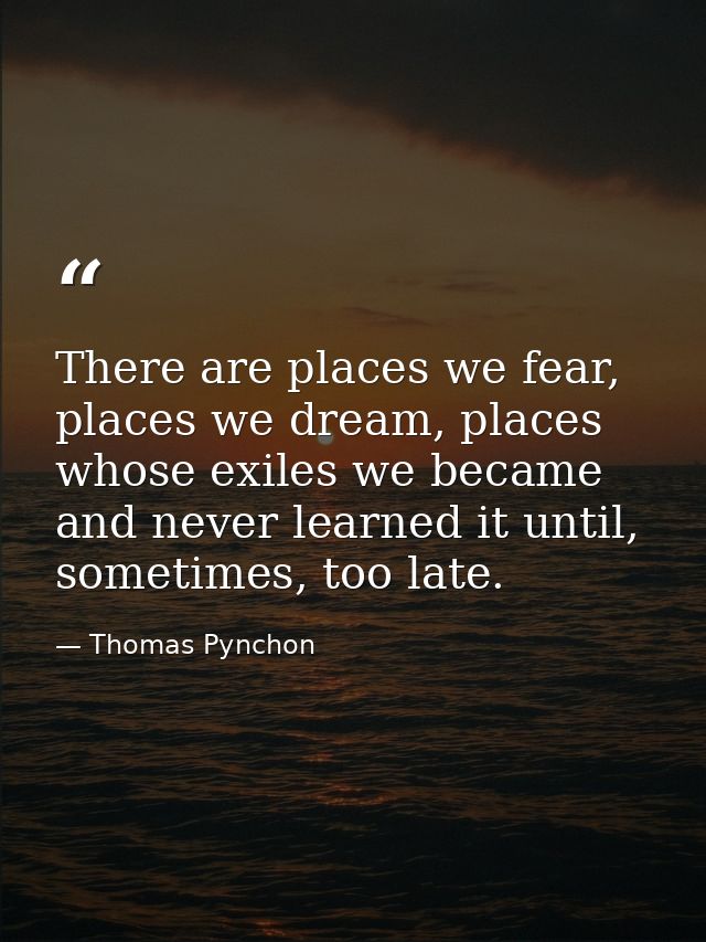 There are places we fear, places we dream, places whose exiles we became and never learned it until, sometimes, too late — Thomas Pynchon