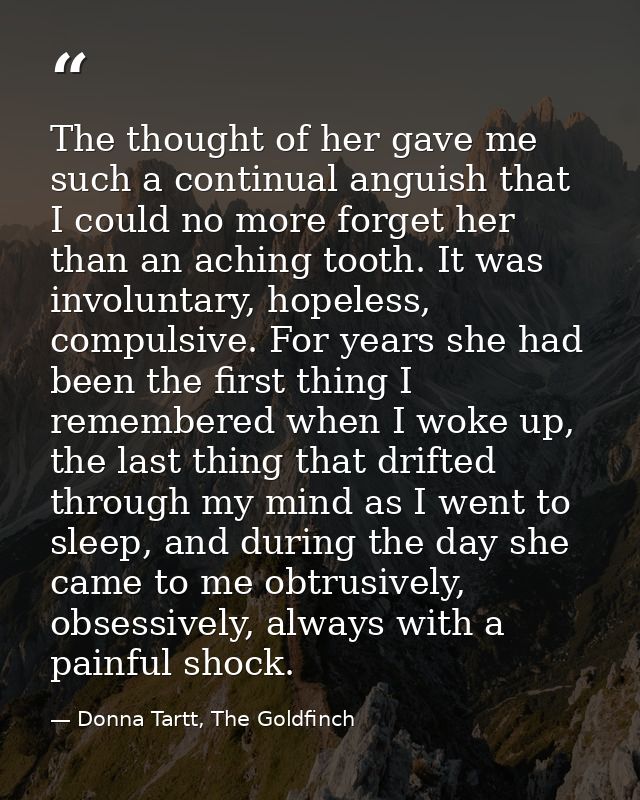 The thought of her gave me such a continual anguish that I could no more forget her than an aching tooth. It was involun — Donna Tartt, The Goldfinch