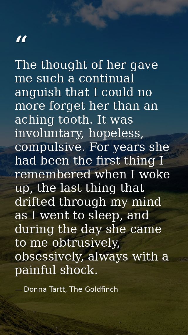 The thought of her gave me such a continual anguish that I could no more forget her than an aching tooth. It was involun — Donna Tartt, The Goldfinch