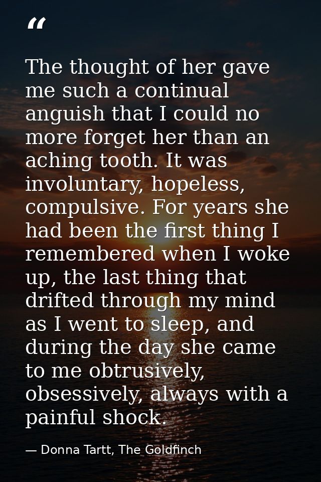 The thought of her gave me such a continual anguish that I could no more forget her than an aching tooth. It was involun — Donna Tartt, The Goldfinch