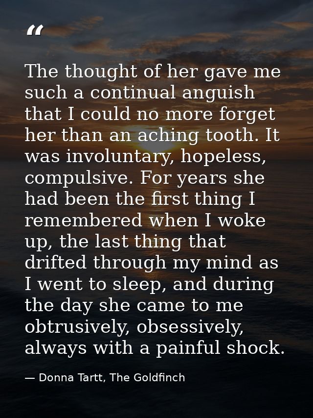 The thought of her gave me such a continual anguish that I could no more forget her than an aching tooth. It was involun — Donna Tartt, The Goldfinch