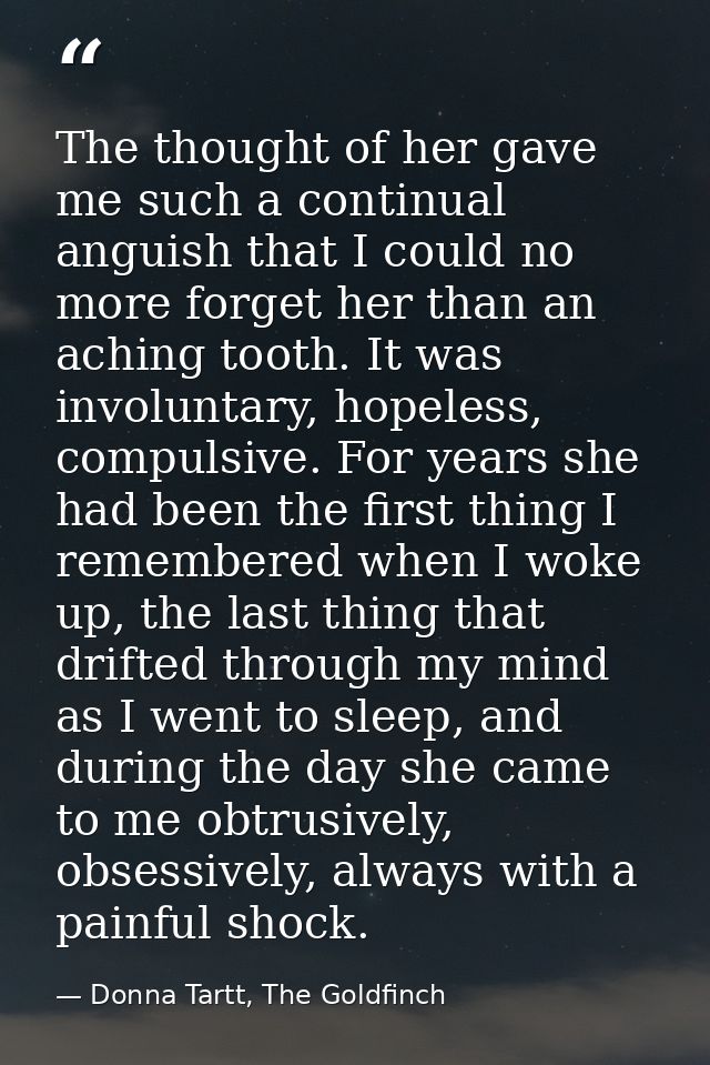 The thought of her gave me such a continual anguish that I could no more forget her than an aching tooth. It was involun — Donna Tartt, The Goldfinch