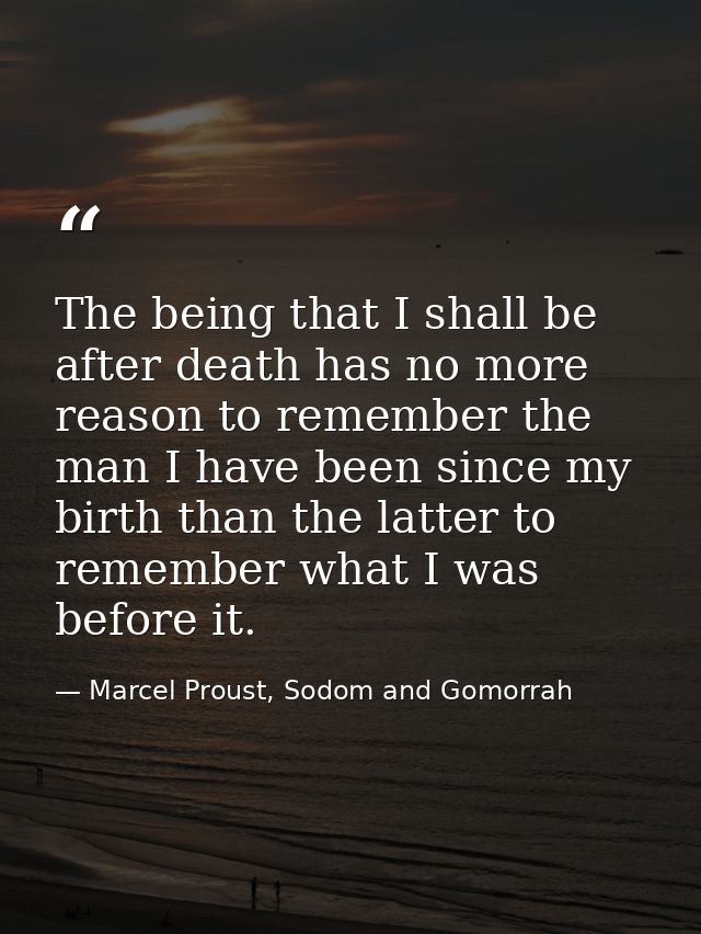 The being that I shall be after death has no more reason to remember the man I have been since my birth than the latter  — Marcel Proust, Sodom and Gomorrah