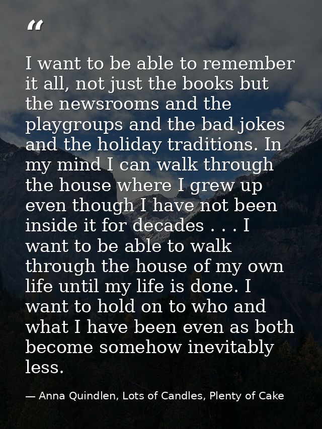 I want to be able to remember it all, not just the books but the newsrooms and the playgroups and the bad jokes and the  — Anna Quindlen, Lots of Candles, Plenty of Cake