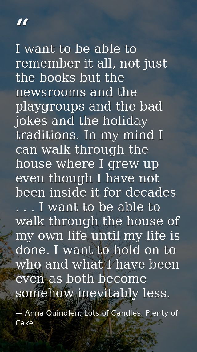 I want to be able to remember it all, not just the books but the newsrooms and the playgroups and the bad jokes and the  — Anna Quindlen, Lots of Candles, Plenty of Cake