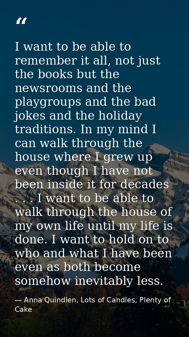 I want to be able to remember it all, not just the books but the newsrooms and the playgroups and the bad jokes and the  — Anna Quindlen, Lots of Candles, Plenty of Cake
