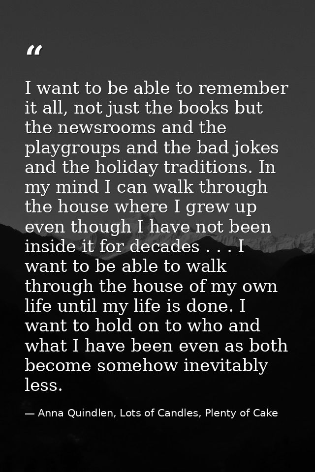 I want to be able to remember it all, not just the books but the newsrooms and the playgroups and the bad jokes and the  — Anna Quindlen, Lots of Candles, Plenty of Cake