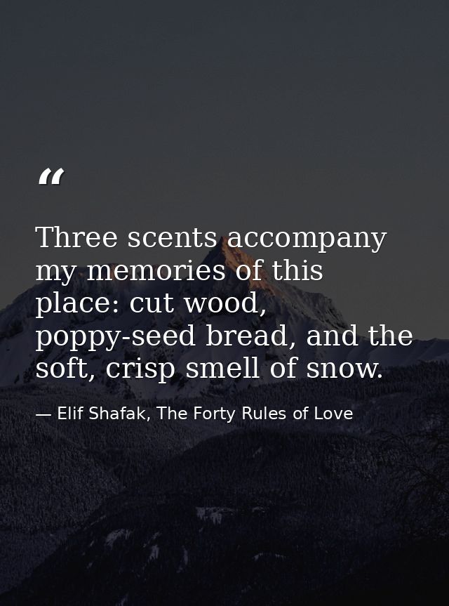 Three scents accompany my memories of this place: cut wood, poppy-seed bread, and the soft, crisp smell of snow. — Elif Shafak, The Forty Rules of Love
