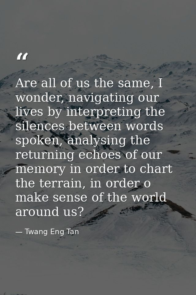 Are all of us the same, I wonder, navigating our lives by interpreting the silences between words spoken, analysing the  — Twang Eng Tan