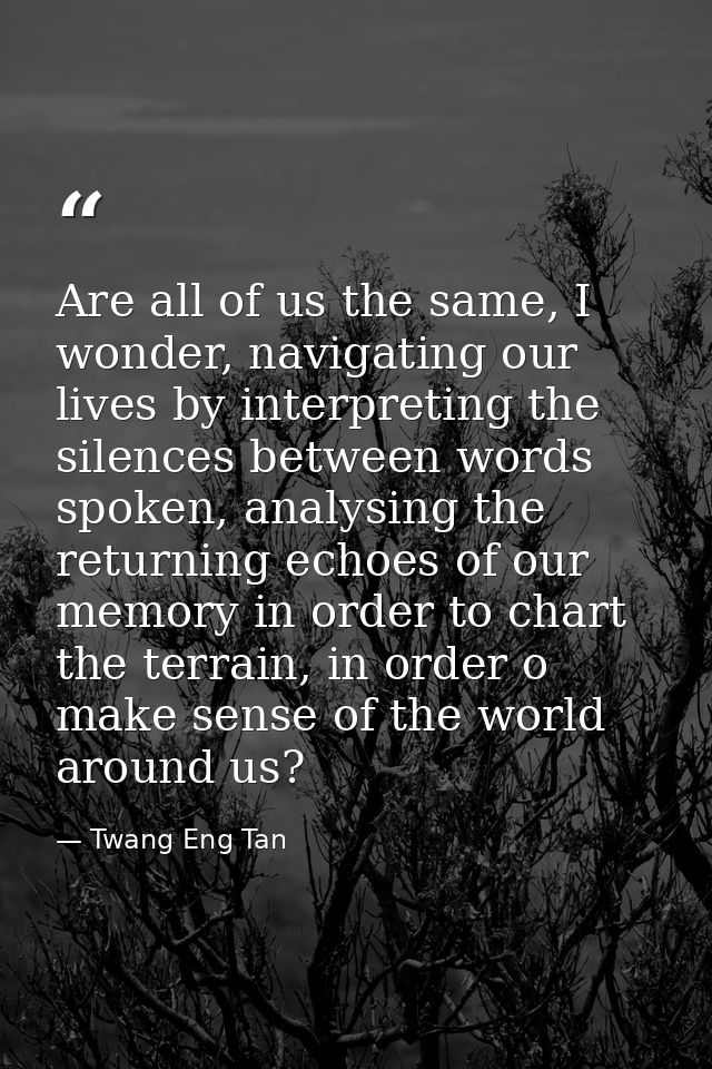Are all of us the same, I wonder, navigating our lives by interpreting the silences between words spoken, analysing the  — Twang Eng Tan
