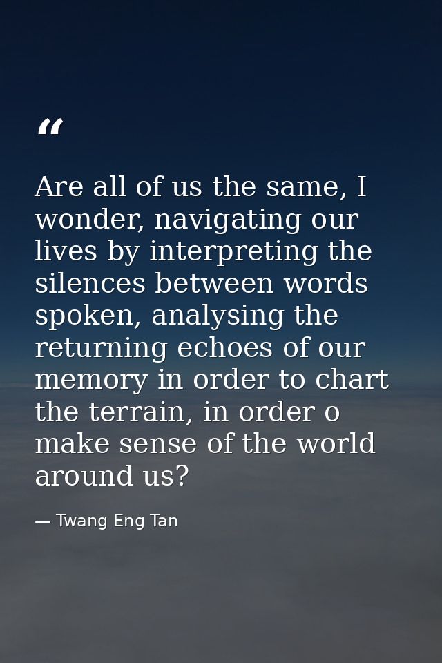 Are all of us the same, I wonder, navigating our lives by interpreting the silences between words spoken, analysing the  — Twang Eng Tan