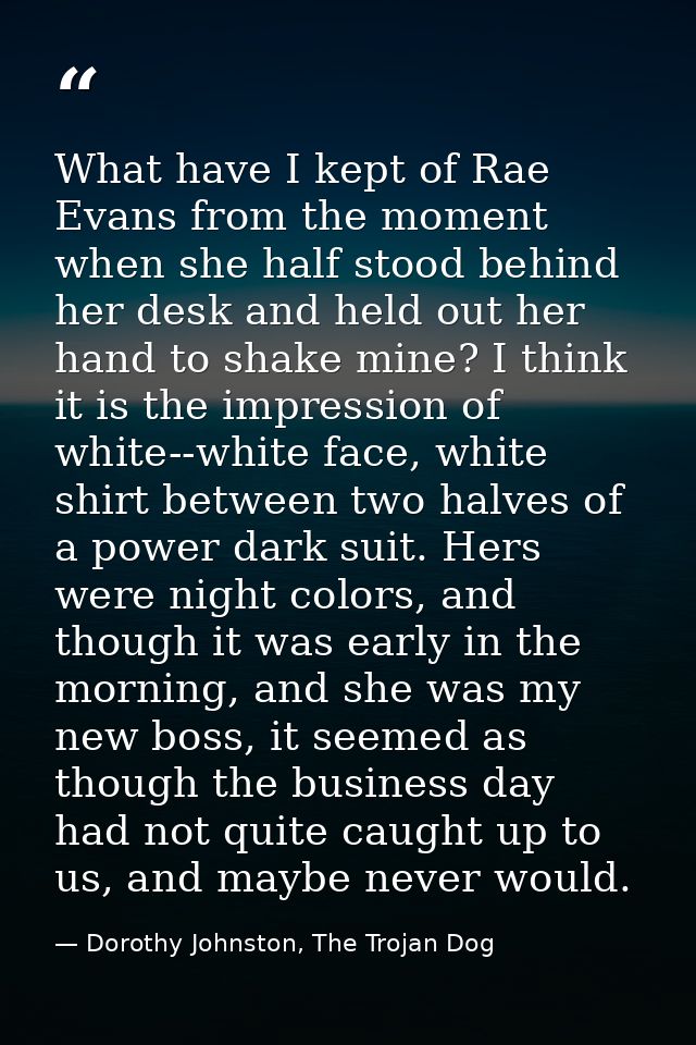 What have I kept of Rae Evans from the moment when she half stood behind her desk and held out her hand to shake mine? I — Dorothy Johnston, The Trojan Dog