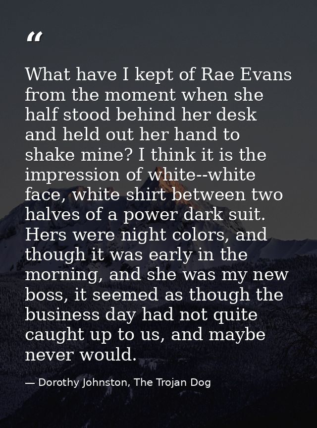 What have I kept of Rae Evans from the moment when she half stood behind her desk and held out her hand to shake mine? I — Dorothy Johnston, The Trojan Dog