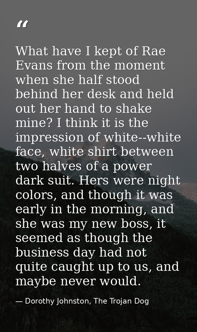 What have I kept of Rae Evans from the moment when she half stood behind her desk and held out her hand to shake mine? I — Dorothy Johnston, The Trojan Dog