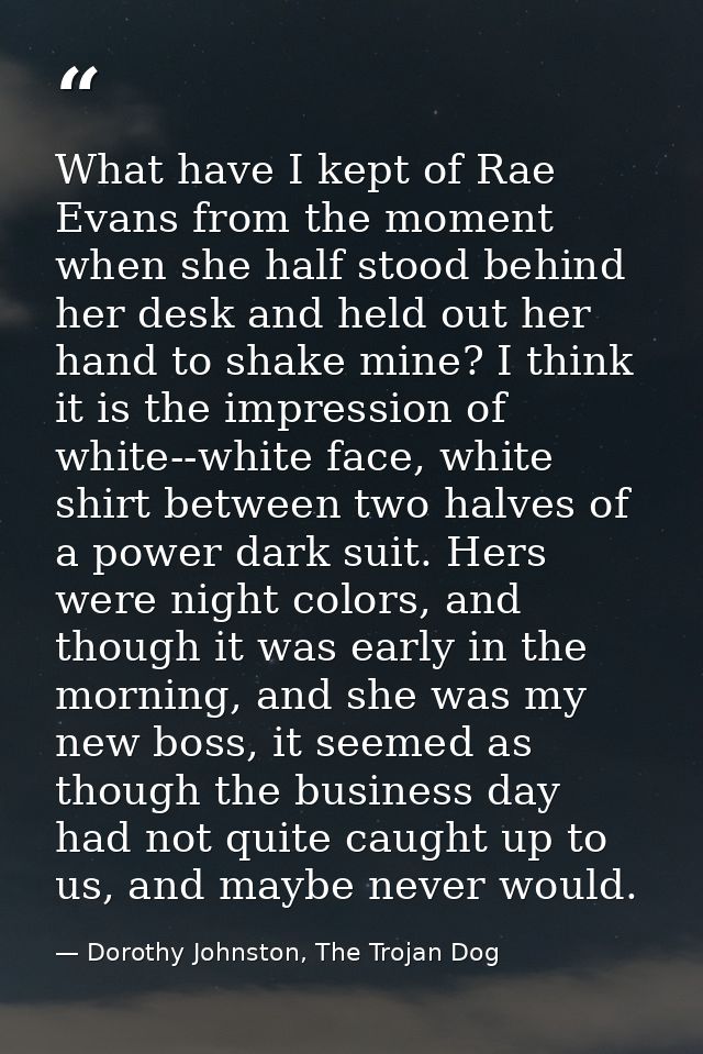 What have I kept of Rae Evans from the moment when she half stood behind her desk and held out her hand to shake mine? I — Dorothy Johnston, The Trojan Dog