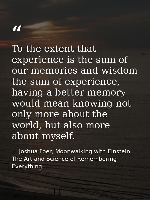 To the extent that experience is the sum of our memories and wisdom the sum of experience, having a better memory would  — Joshua Foer, Moonwalking with Einstein: The Art and Science of Remembering Everything