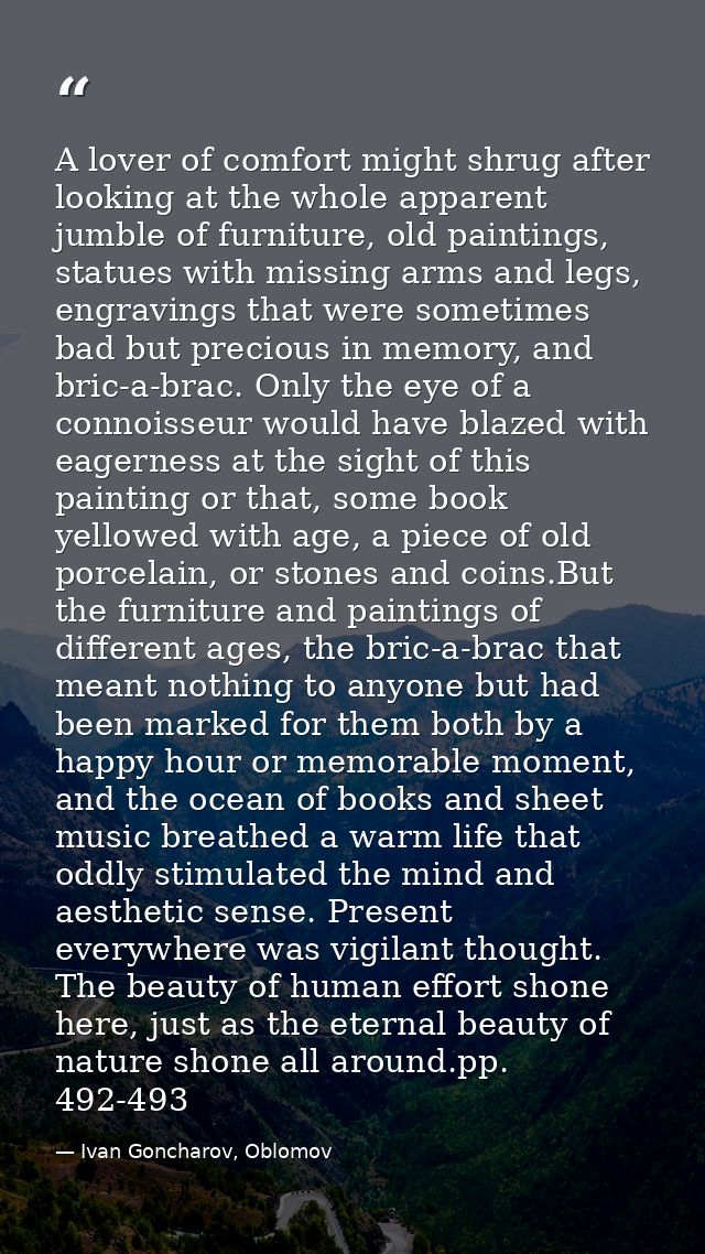 A lover of comfort might shrug after looking at the whole apparent jumble of furniture, old paintings, statues with miss — Ivan Goncharov, Oblomov