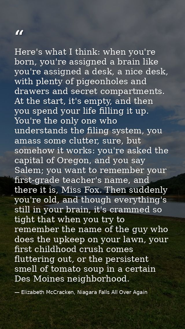 Here's what I think: when you're born, you're assigned a brain like you're assigned a desk, a nice desk, with plenty of  — Elizabeth McCracken, Niagara Falls All Over Again
