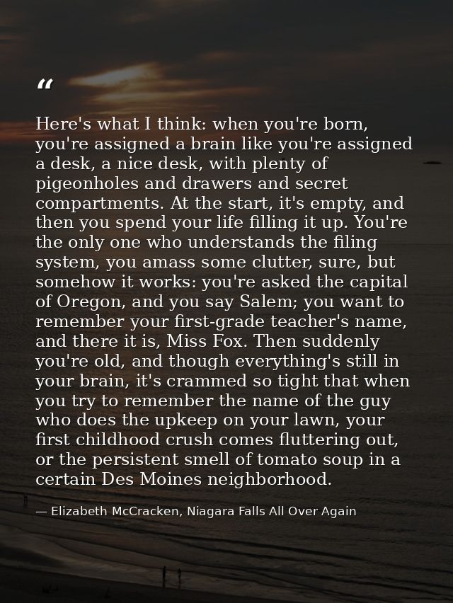 Here's what I think: when you're born, you're assigned a brain like you're assigned a desk, a nice desk, with plenty of  — Elizabeth McCracken, Niagara Falls All Over Again