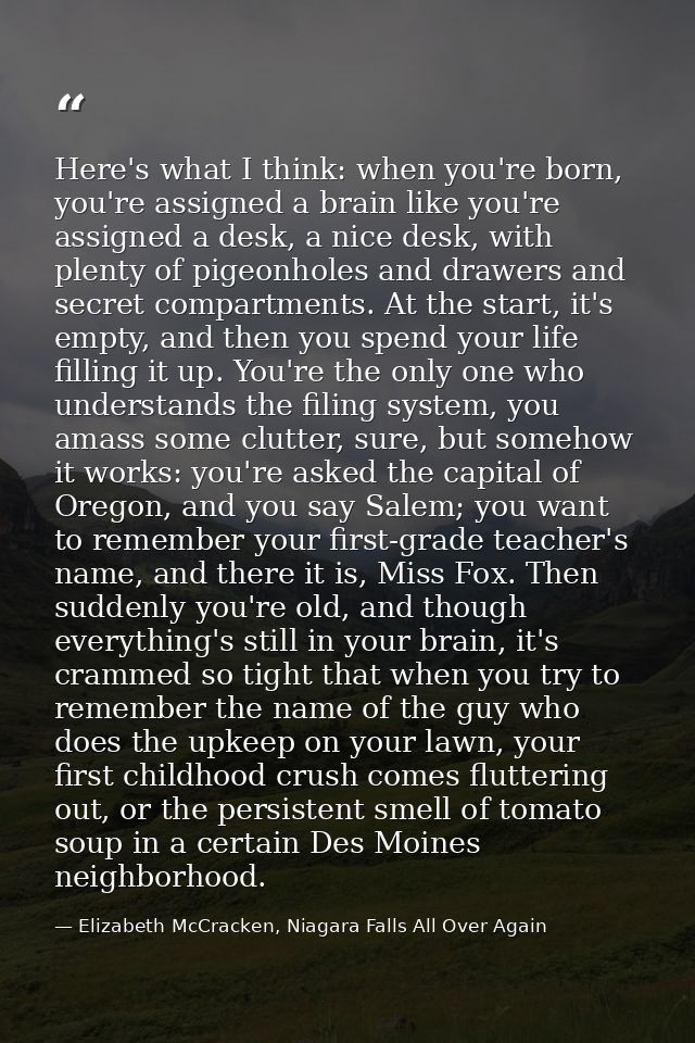 Here's what I think: when you're born, you're assigned a brain like you're assigned a desk, a nice desk, with plenty of  — Elizabeth McCracken, Niagara Falls All Over Again
