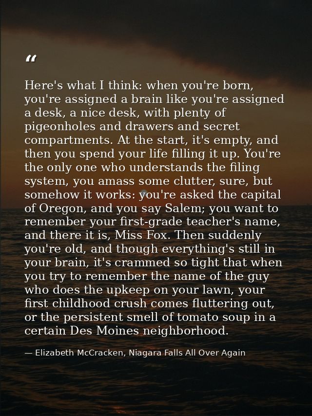 Here's what I think: when you're born, you're assigned a brain like you're assigned a desk, a nice desk, with plenty of  — Elizabeth McCracken, Niagara Falls All Over Again
