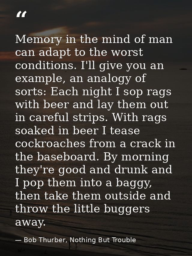 Memory in the mind of man can adapt to the worst conditions. I'll give you an example, an analogy of sorts: Each night I — Bob Thurber, Nothing But Trouble