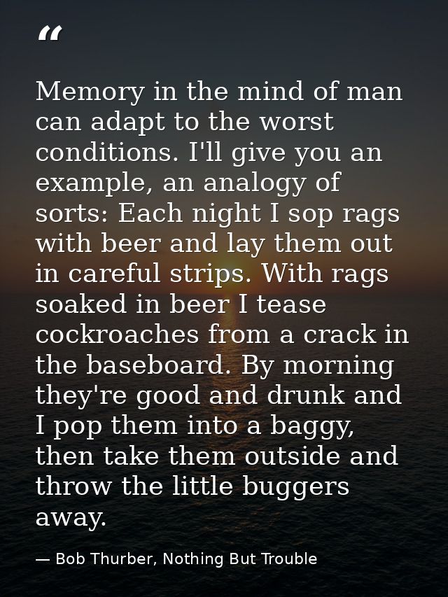 Memory in the mind of man can adapt to the worst conditions. I'll give you an example, an analogy of sorts: Each night I — Bob Thurber, Nothing But Trouble