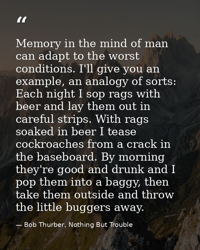 Memory in the mind of man can adapt to the worst conditions. I'll give you an example, an analogy of sorts: Each night I — Bob Thurber, Nothing But Trouble
