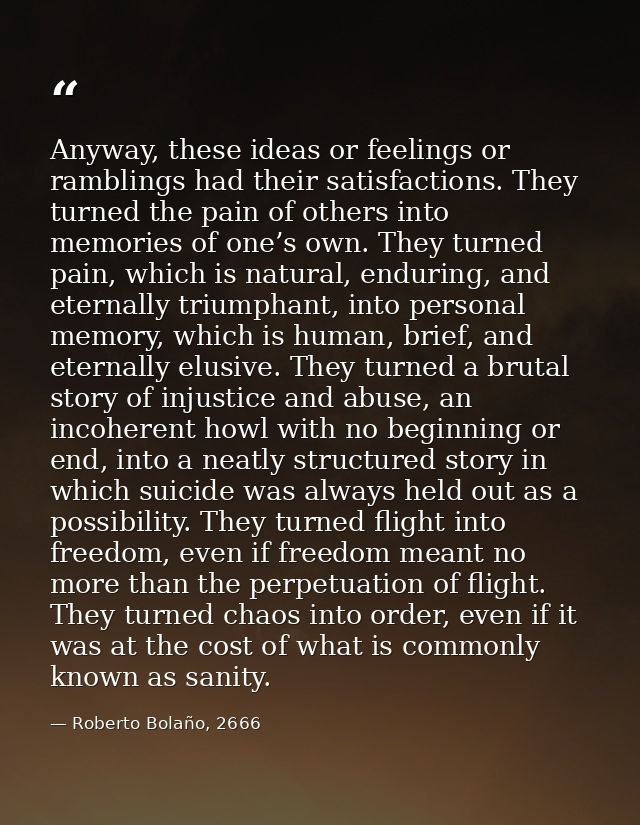 Anyway, these ideas or feelings or ramblings had their satisfactions. They turned the pain of others into memories of on — Roberto Bolaño, 2666