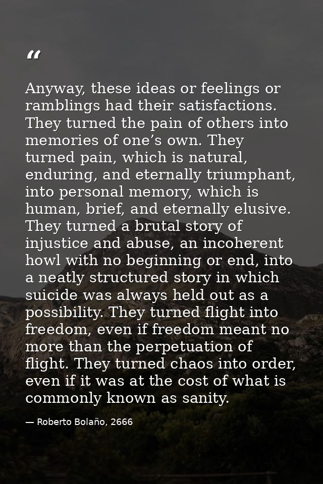 Anyway, these ideas or feelings or ramblings had their satisfactions. They turned the pain of others into memories of on — Roberto Bolaño, 2666